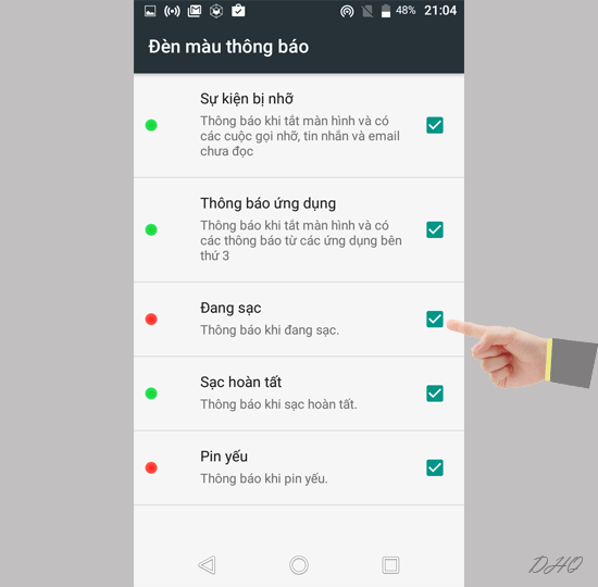 Bật đèn màu thông báo